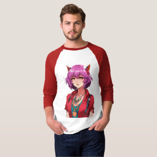 T-shirt Fille aux oreilles de renard et cheveux roses Anim