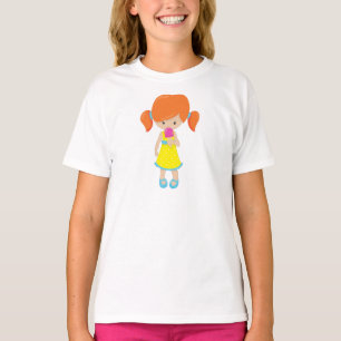 T-shirt Fille Avec Crème De Glace, Cheveux Orange, Mignonn