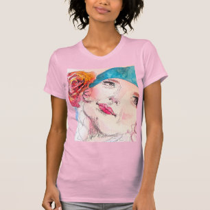 T-shirt Fille avec Rose Rouge Beret Aquarelle Filles Rose