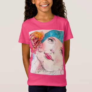T-Shirt Fille avec Rose Rouge Beret Aquarelle Filles Rose