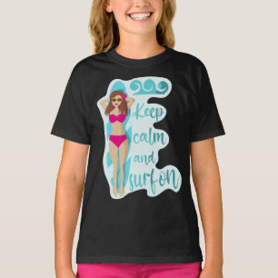 T-shirt fille brune Gardez votre calme et surfez