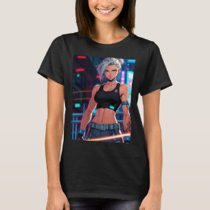 T-shirt Fille Cyberpunk Rétro Anime Combattante de Rue Néo