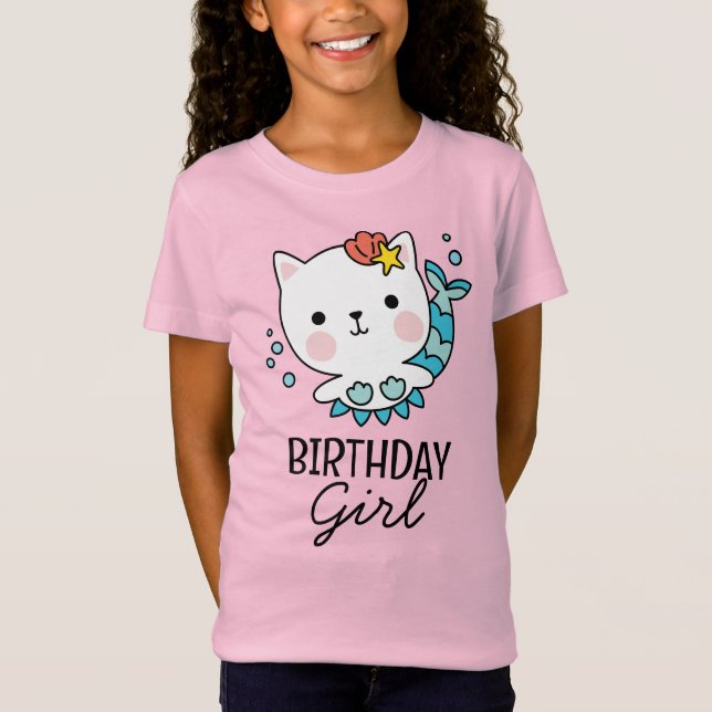T-Shirt Fille d'anniversaire | Chat Sirène Anniversaire T- (Devant)