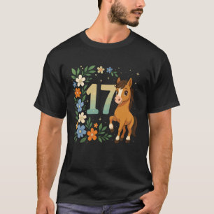 T-shirt Fille d'anniversaire de 17 ans Poney Cheval Fleurs
