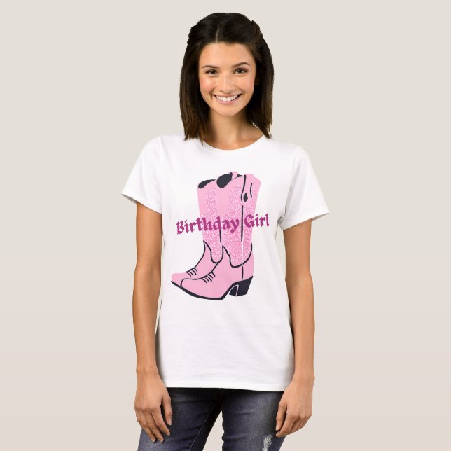 T-shirt Fille d'anniversaire Pink Sparkle Cowboy Bottes (Devant entier)
