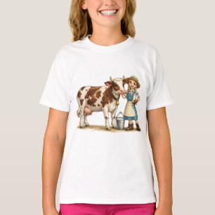 T-shirt Fille de la ferme avec vache, joli art de campagne