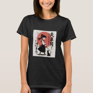 T-shirt Fille de samouraï japonaise avec chat noir u2013 V