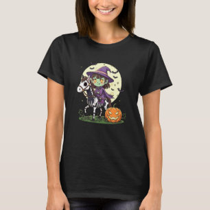 T-shirt Fille d'Halloween Sorcière à cheval sur un squelet