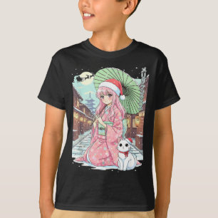 T-shirt Fille en kimono d'anime Noël Japon Chat Xmas Japon