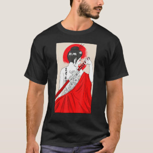T-shirt Fille Geisha Katana Epée Et Tatouage De Fleur Japo