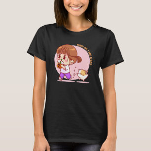 T-shirt Fille heureuse buvant du Bubble Tea et dit Attends