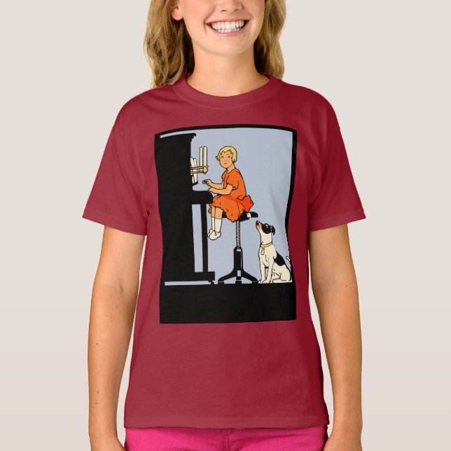 T-shirt Fille jouant du piano, chien, style rétro (Devant)
