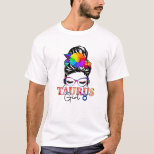 T-shirt Fille Taurus Anniversaire Messy Bun Cheveux Flore