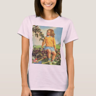 T-shirt Fille Vintage regardant des oiseaux dans un arbre,