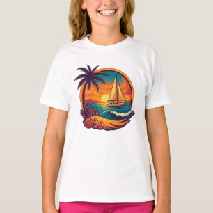 T-Shirt Fille Voilier Coucher de Soleil Tropical