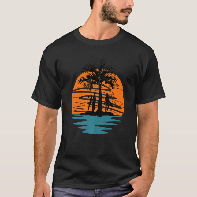T-shirt Filles Avec Planches De Surf Sur L'Île Au Coucher  (Devant)
