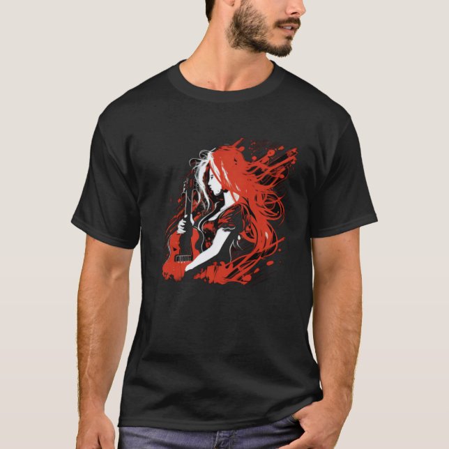 T-shirt Fire red haired Rock n Roll Girl with Guitar (Devant)