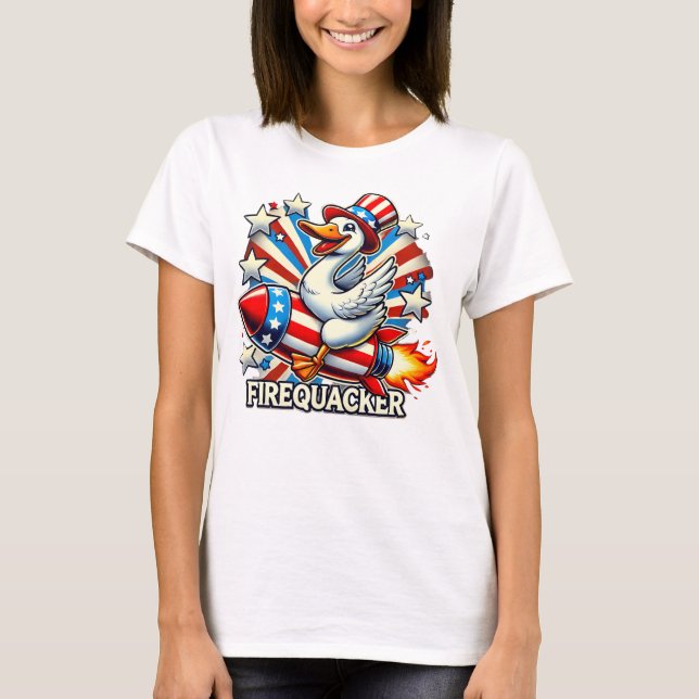 T-shirt FIREQUACKER - Drôle Oie patriotique sur une fusée  (Devant)
