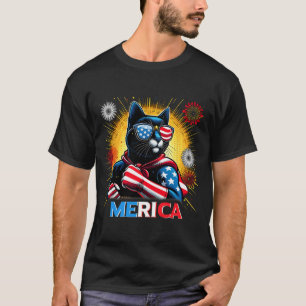 T-shirt Fireworks Us Drapeau Patriotique Chat Noir