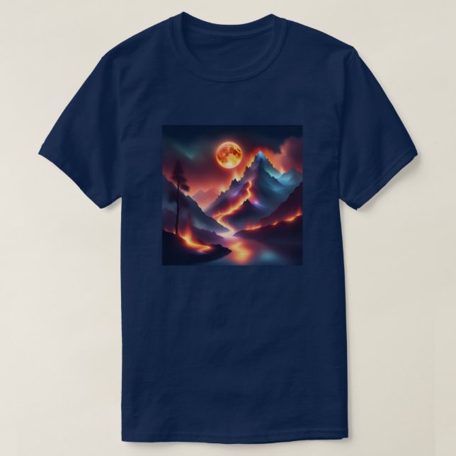 T-shirt Firey Mountain Night Apocalyptic Tree Stream (Design devant)
