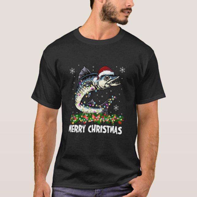 T-shirt Fishing Lover Matching Santa Hat Barracuda Fish Ch (Devant)
