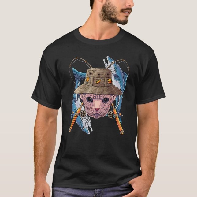 T-shirt Fishing Sphynx Outdoor Fisherman Cat Cute Fly Fish (Devant)