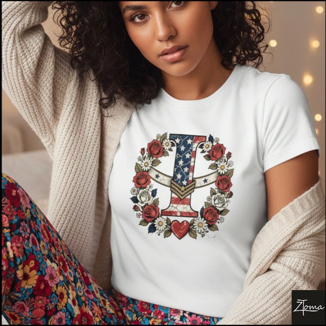 T-shirt Flag Letter I Military Floral Wreath (Sample design. Several style are available to choose from, with the option to add a name & color.
)