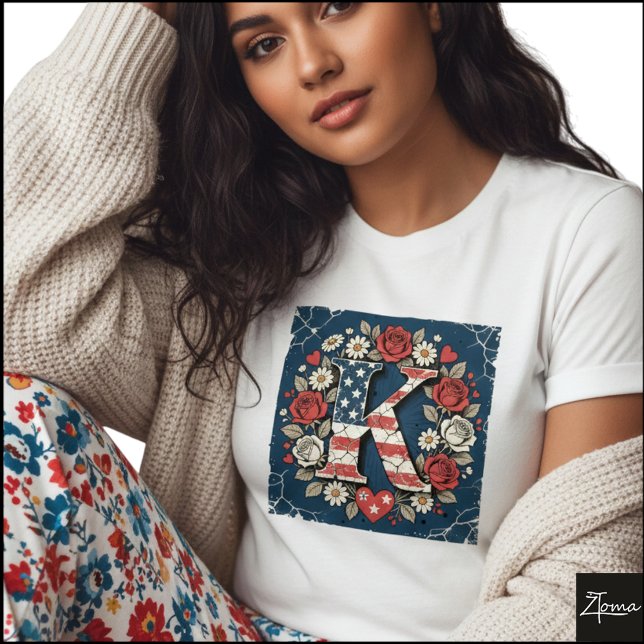 T-shirt Flag Letter K Roses Heart Wreath (Sample design. Several style are available to choose from, with the option to add a name & color.
)