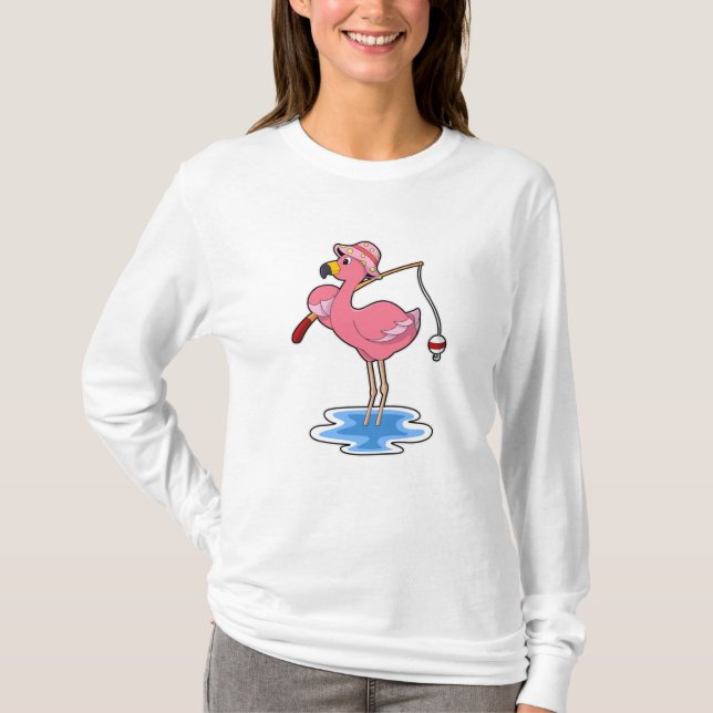 T-shirt Flamant rose à la pêche avec canne à pêche (Devant)