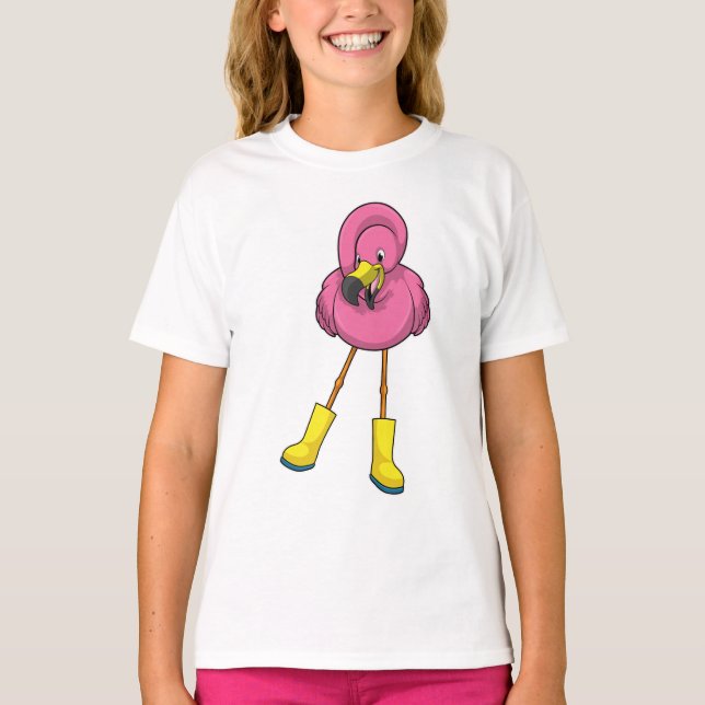 T-shirt Flamant rose à la pluie avec bottes en caoutchouc (Devant)