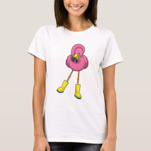 T-shirt Flamant rose à la pluie avec bottes en caoutchouc