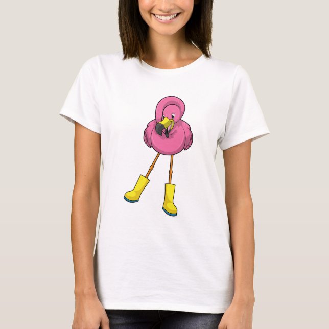 T-shirt Flamant rose à la pluie avec bottes en caoutchouc (Devant)