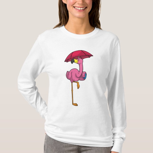 T-shirt Flamant rose à la pluie avec parapluie (Devant)