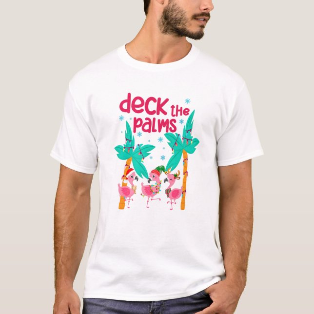 T-shirt Flamant rose Christmas Beach Hawaii Tropical Deck  (Devant)