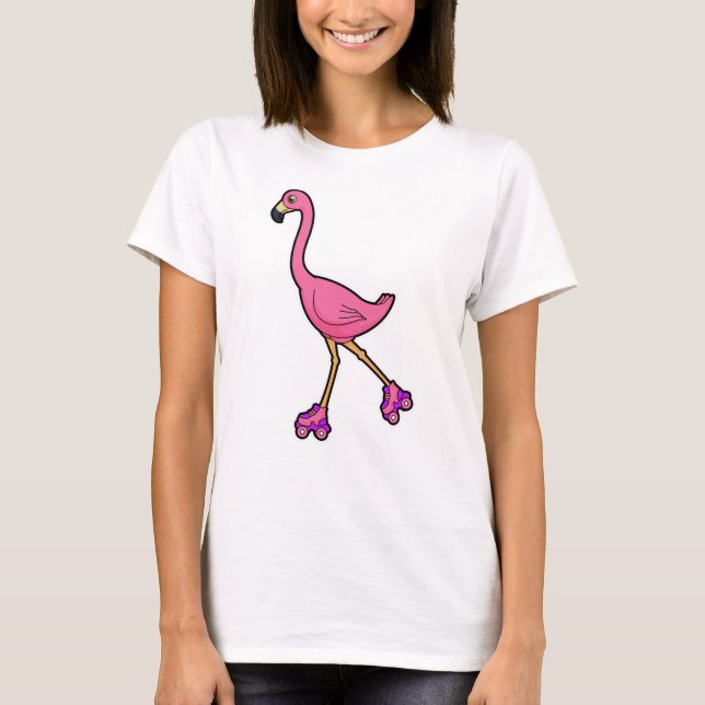 T-shirt Flamant rose comme Patineur avec Roller Patins (Devant)