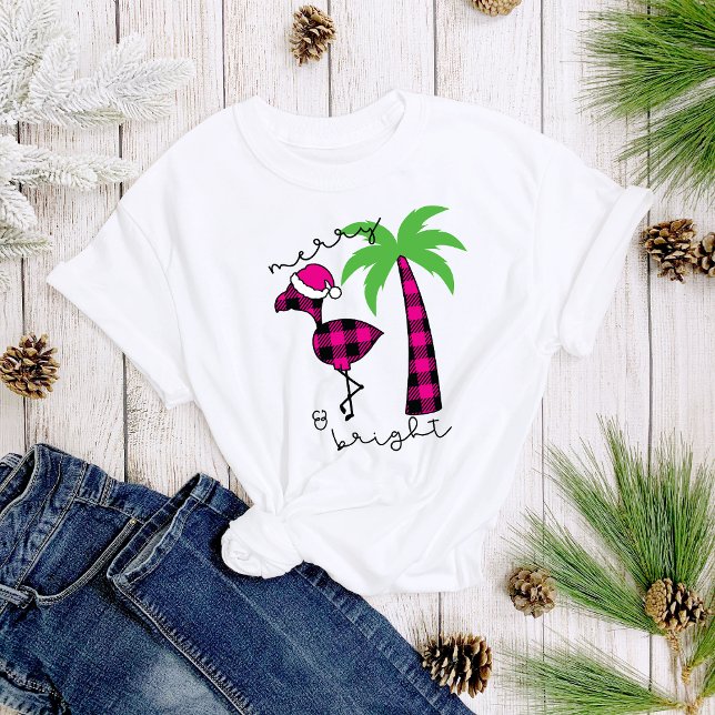 T-shirt Flamant rose en palmier plaid Joyeux et brillant f (Créateur téléchargé)
