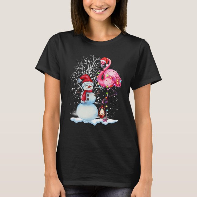 T-shirt Flamant rose Noël Arbre Snowman Santa Hat Flamant  (Devant)