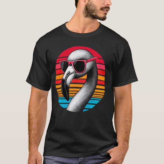 T-shirt Flamant rose Oiseau Lunettes de soleil Coucher Ret (Devant)