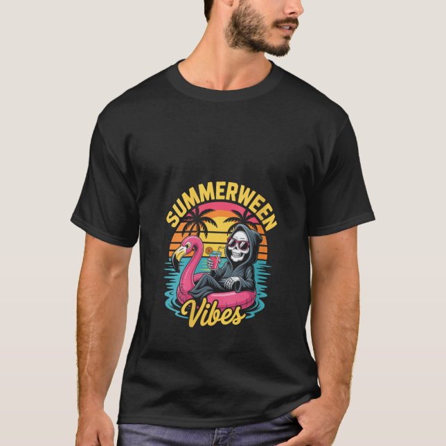 T-shirt Flamant rose pour femmes Skeleton Éffrayant Summer (Devant)