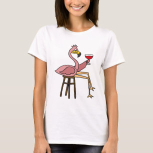 T-shirt Flamant rose rose drôle buvant du vin rouge