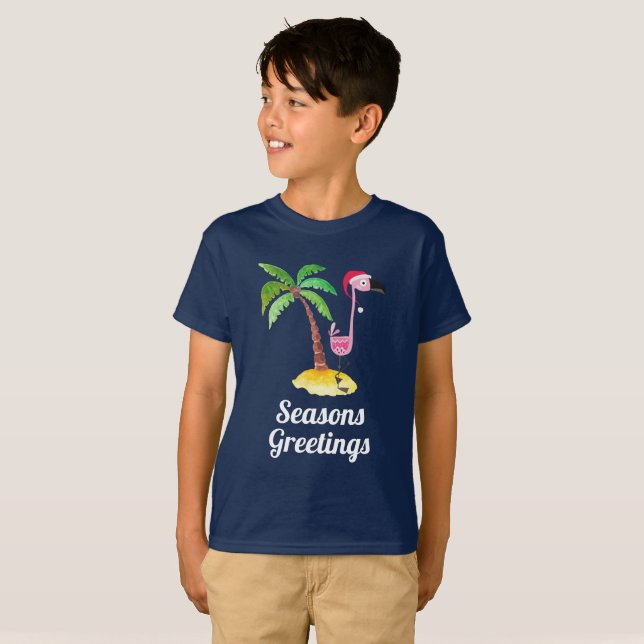 T-shirt Flamant rose rose Joyeuses Fêtes à Santa Hat (Devant entier)