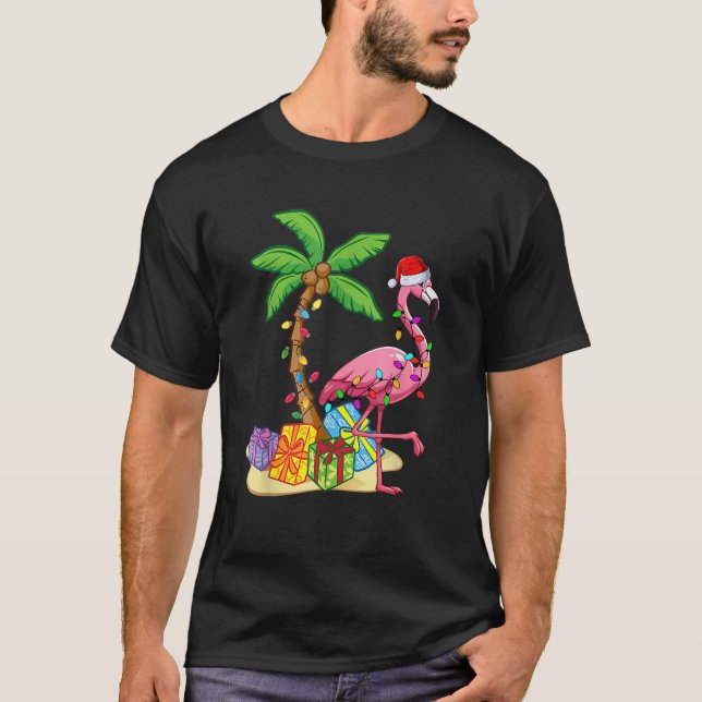 T-shirt Flamant rose Santa Hat Palm Tree Joyeux Noël Lumiè (Devant)