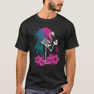 T-shirt Flamant rose Skeleton Fleur Retro Crazy Boire Fla