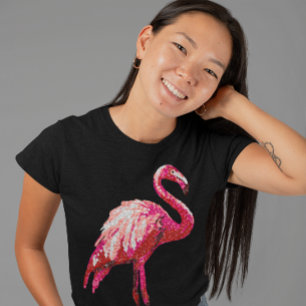 T-shirt Flamant Rose Tropical Imprimé Pailleté Noir