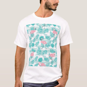 T-shirt flamants roses, feuilles de palmiers verts, tropic