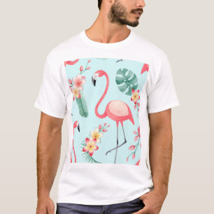 T-shirt Flamants roses Fleurs tropicales Motif aquarelle