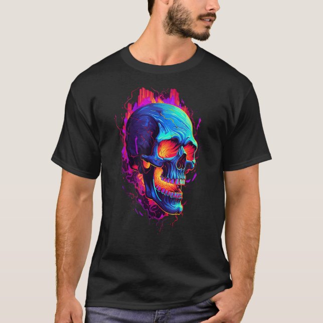 T-shirt Flaming Skull Cool Red Orange & Blue Skeleton Skul (Devant)