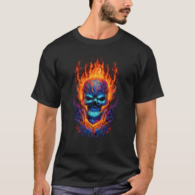 T-shirt Flaming Skull Red Orange & Blue Cool Skeleton Skul (Devant)