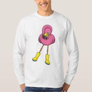 T-shirt Flamingo at Raining with Rubber boots