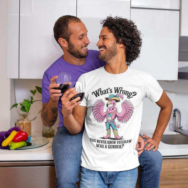 T-shirt Flamingo Drag Queen Cowboy YEEEHAW Pride (male couple toasting their lgbtq pride wearing funny flamingo rodeo drag queen humor tshirt)